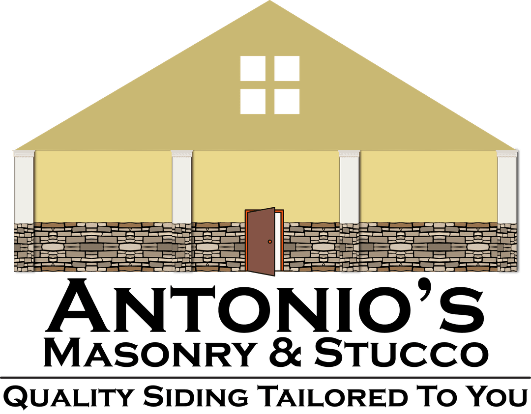 It is a house with stucco on the walls and a small half wall of stone below the image are the words Antonio Masonry and Stucco Quality Siding Tailored to you