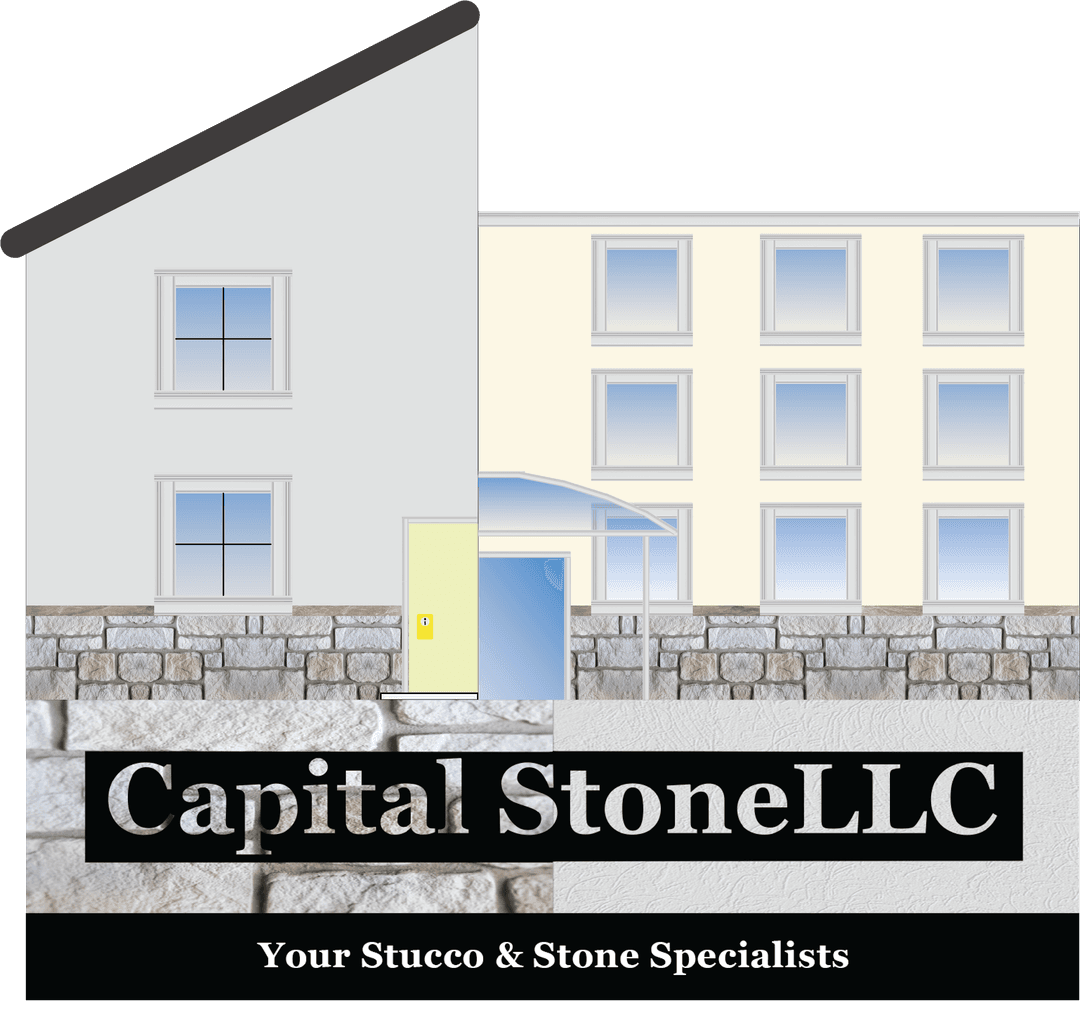 It is a house on the left half and a hotel on the right with stucco on the walls and a small half wall of stone below the image are the words Capital Stone your stucco and stone specialists
